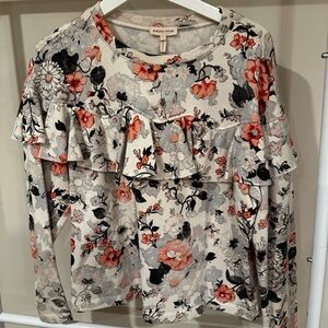 Rebecca Taylor Floral Ruffle Blouse - Cream and Red orange